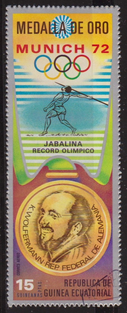 z vendido Guinea Ecuatorial 1972 Michel 168 Sello * Medallas Oro Munich72 Jabalina K. Wolfermann Alemania 15p Guinée Equatoriale Preobliteré Matasello de favor Preobliterado 